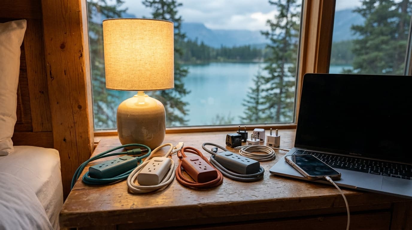 Four compact travel power strips arranged on a hotel nightstand beside a laptop, phone, and international adapters, warm lamp light