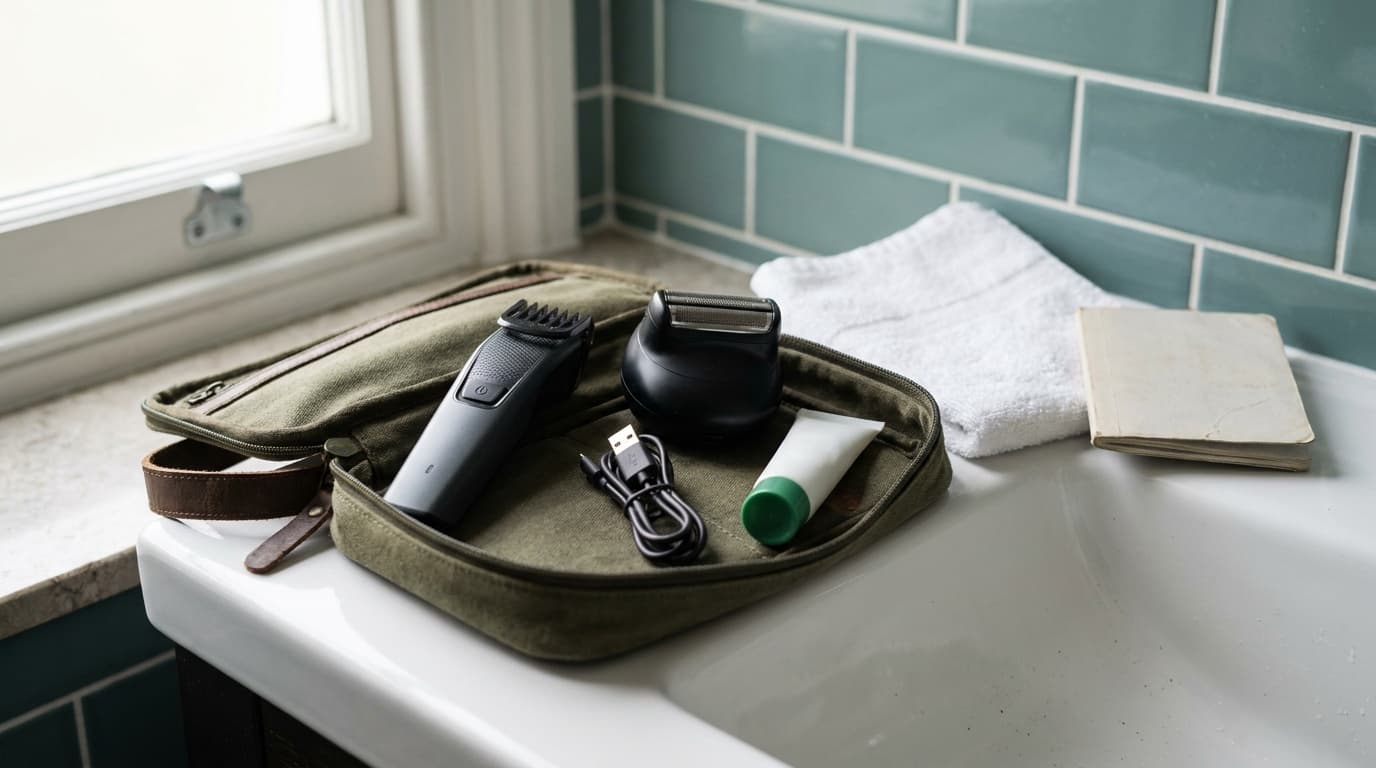 An open canvas toiletry kit on a hotel sink holding a slim beard trimmer, a palm-size electric shaver, a charging cable, and a tube of shave gel, with a towel and passport beside it