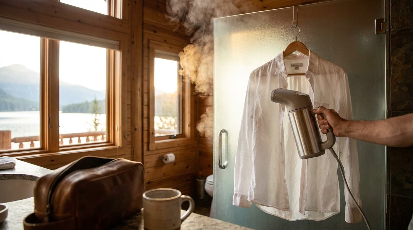 A compact handheld travel steamer removing wrinkles from a white dress shirt hanging on a hotel bathroom door, steam rising in warm morning light
