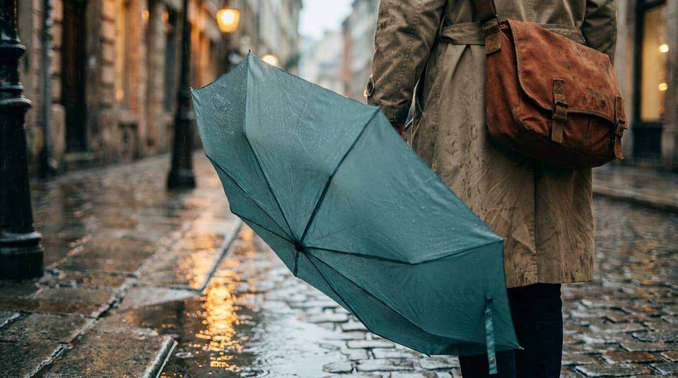 A compact travel umbrella open in heavy rain on a city sidewalk, puddles reflecting streetlights, commuter bag visible in the background