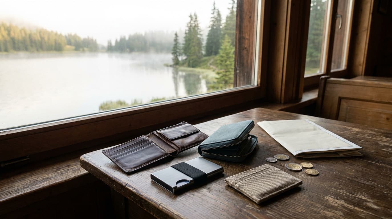 A leather bifold, a zip-around fabric travel organizer, a slim aluminum card holder, and a small fabric cardholder laid out on a wooden hotel desk beside a few coins and a window with a misty lake view