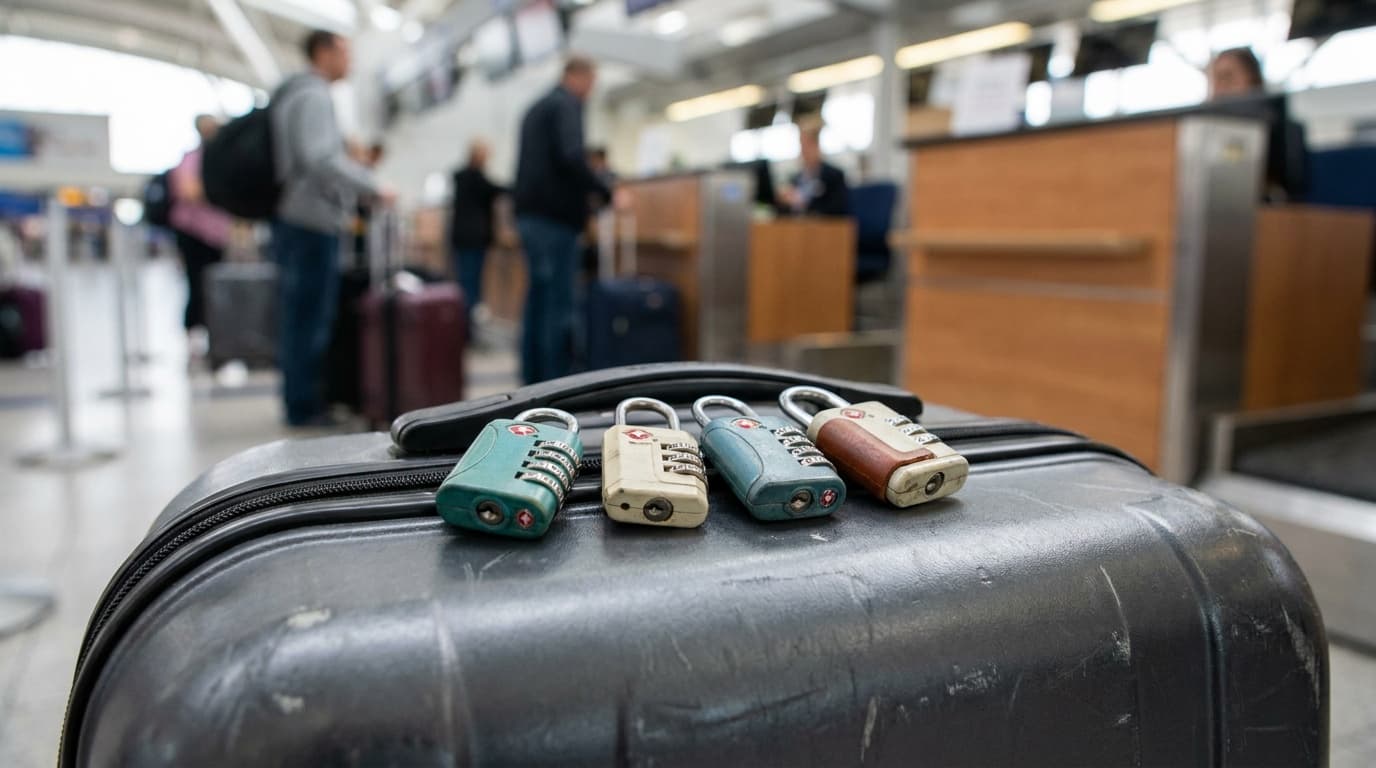 Four TSA-approved combination locks laid out on a hardcase suitcase lid, red indicator windows visible, airport check-in counter blurred in the background