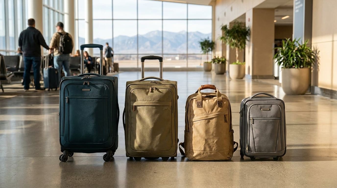Four underseat bags lined up on an airport terminal floor, showing size differences between a rolling spinner, a soft-sided roller, a backpack-style pack, and a budget spinner
