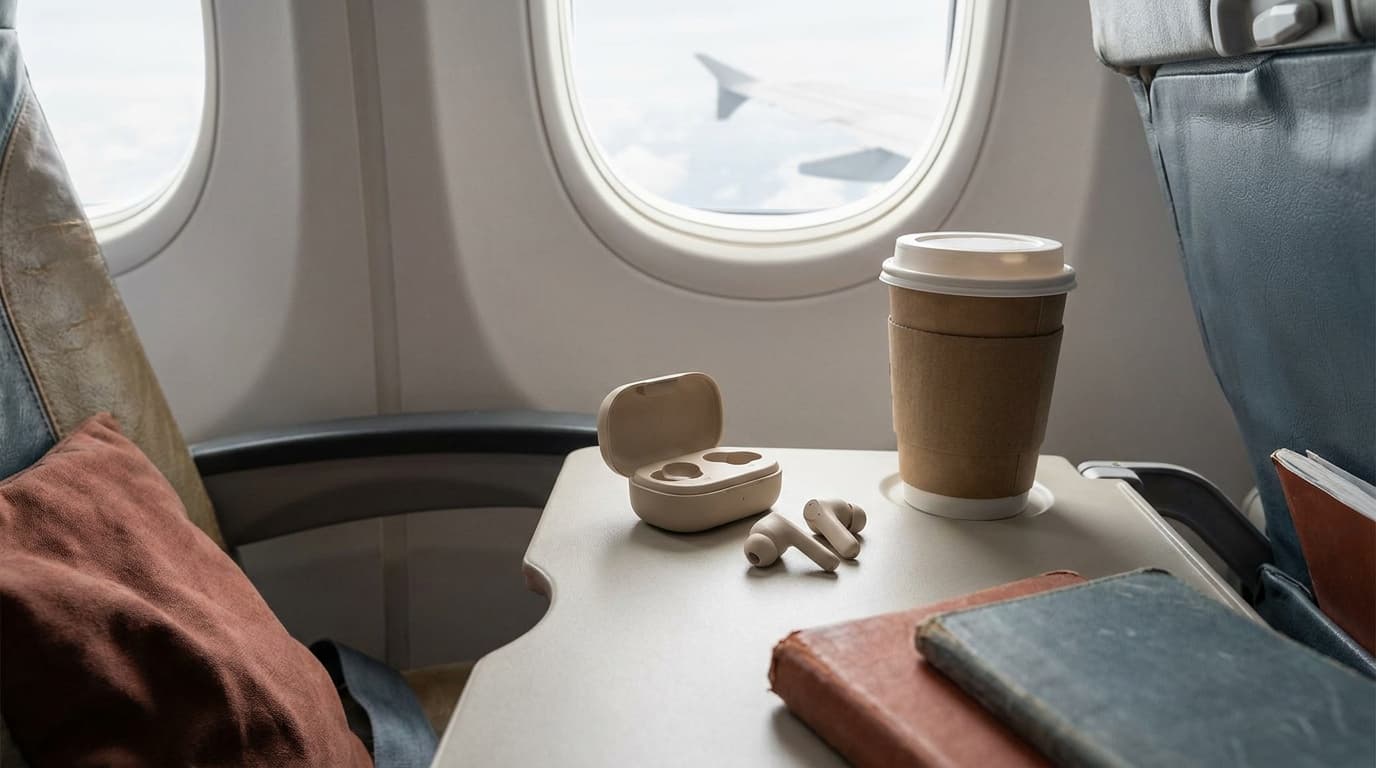 Wireless earbuds beside their open charging case on an airplane tray table, next to a paper coffee cup and two books, with a wing and clouds outside the window