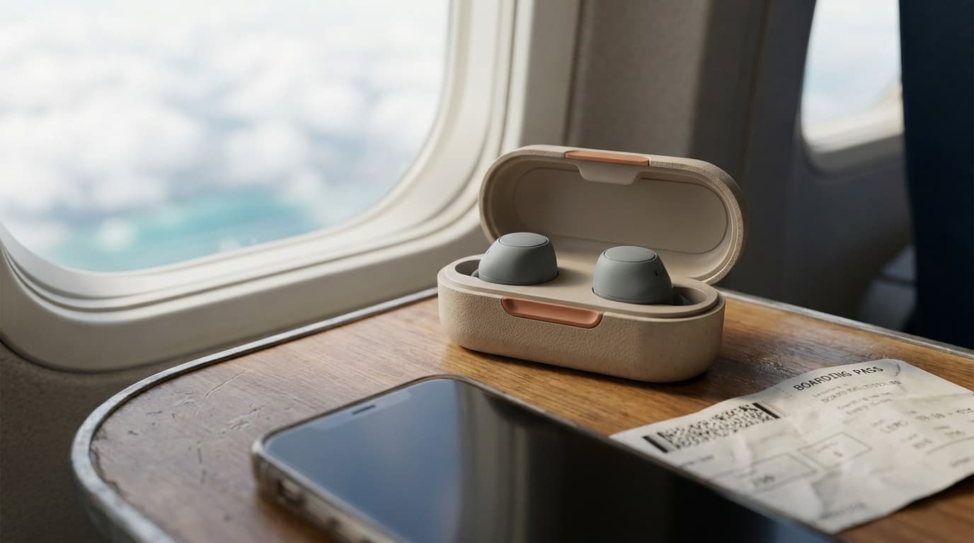 Wireless earbuds resting in an open charging case on a tray table, with an airplane window and clouds in the background