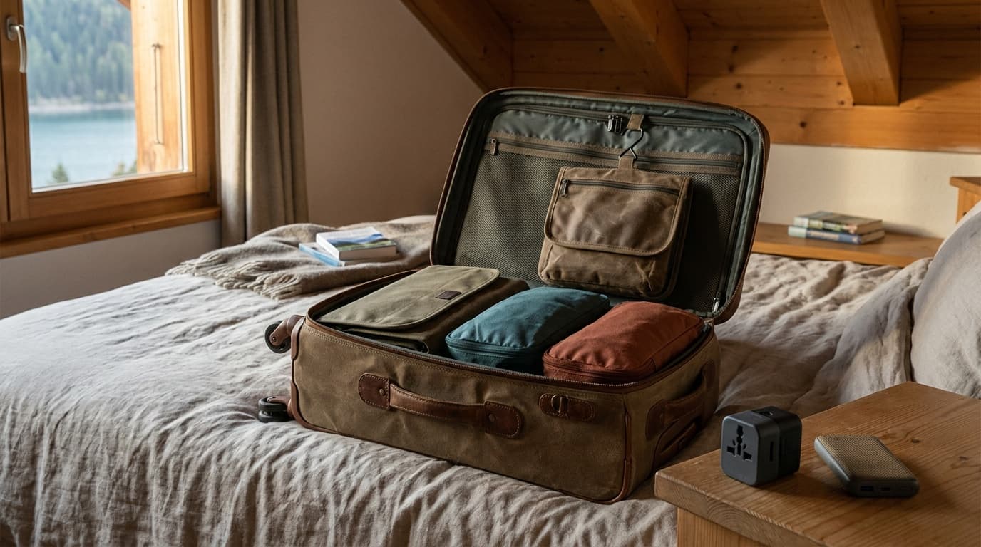 Open carry-on packed with a garment folder, toiletry bag, adapter, and power bank