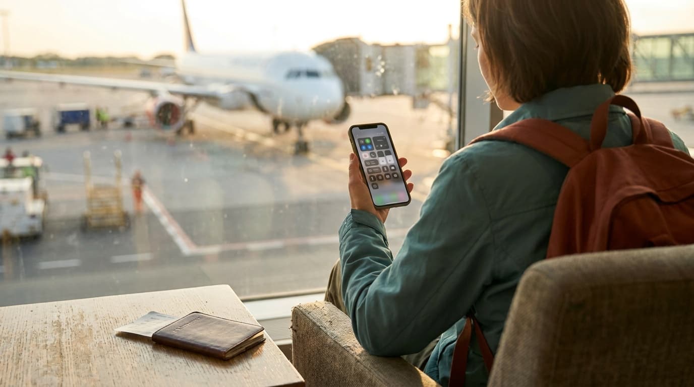 A traveler holding a phone showing mobile data settings at an airport gate, boarding pass and passport on the seat beside them