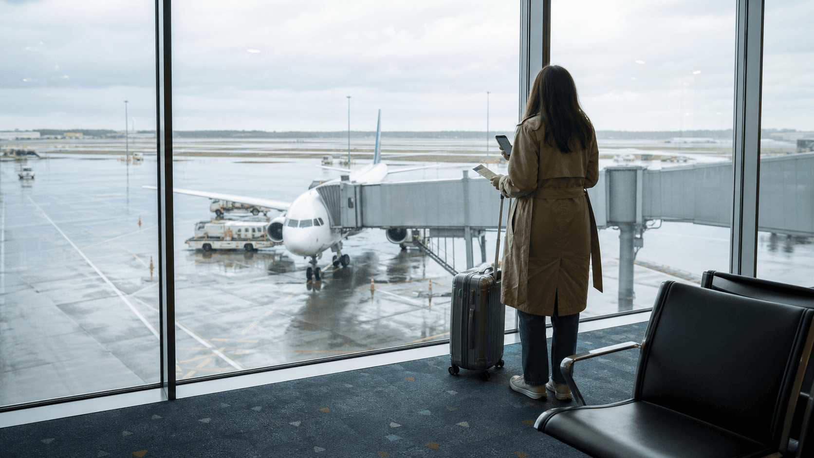 A traveler checking her phone beside a carry-on at an airport gate on a rainy day