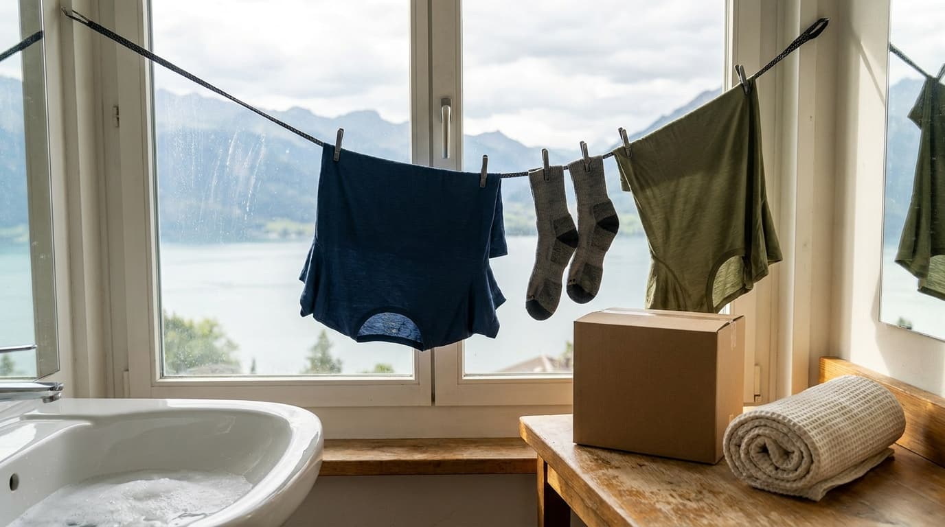 Travel clothes drying on a portable clothesline strung across a hotel bathroom, a sink with soapy water and detergent strips on the counter