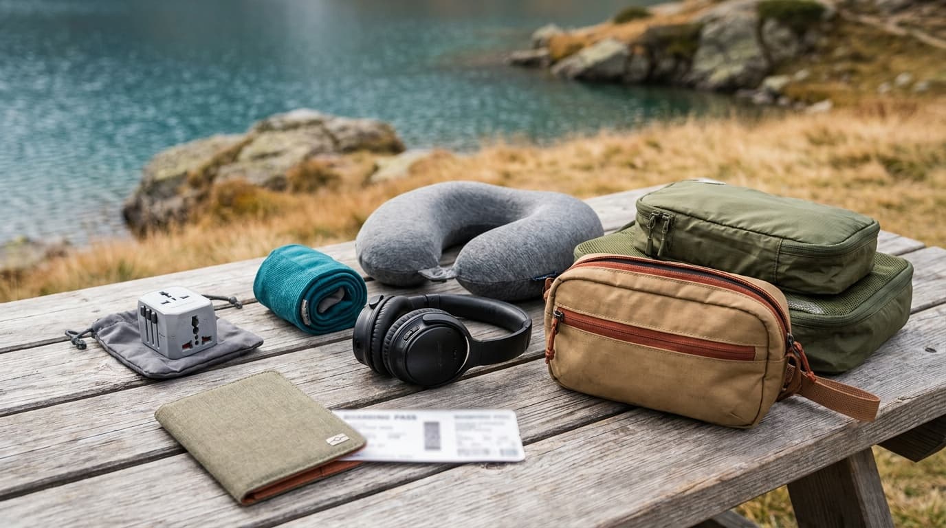 International travel essentials by a passport: a universal adapter, compression socks, headphones, a neck pillow, packing cubes, and an anti-theft bag