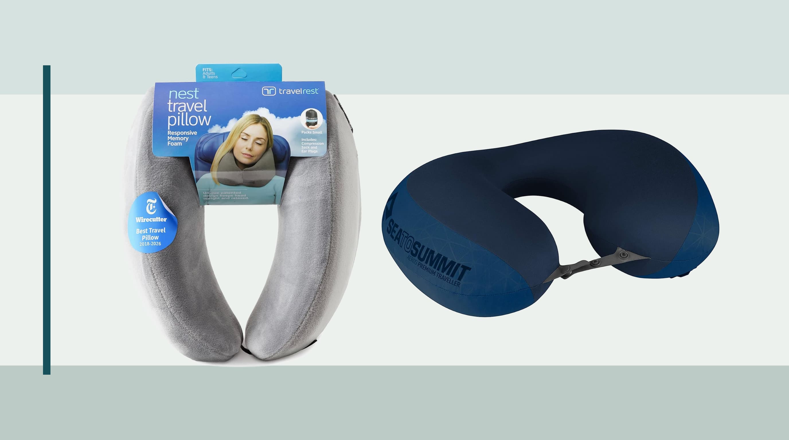 A memory foam neck pillow and compact inflatable travel pillow compared beside one carry-on