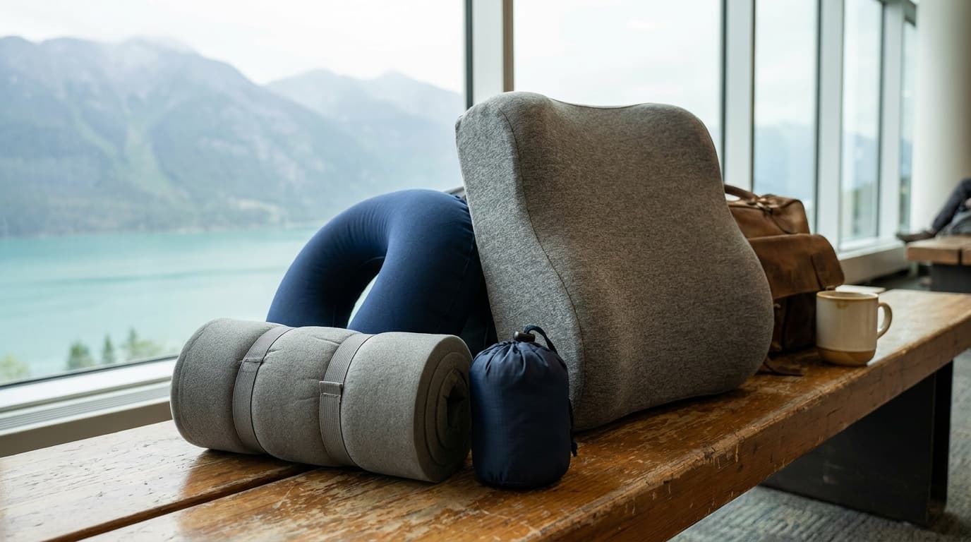 A memory foam neck pillow and compact inflatable travel pillow compared beside one carry-on