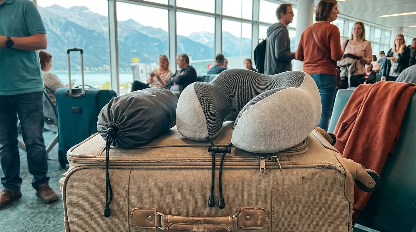napfun memory foam neck pillow packed beside a budget carry-on