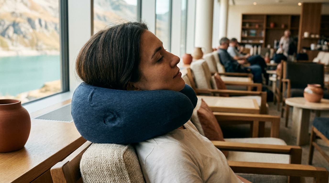 Ostrichpillow Go neck pillow worn in an airport lounge