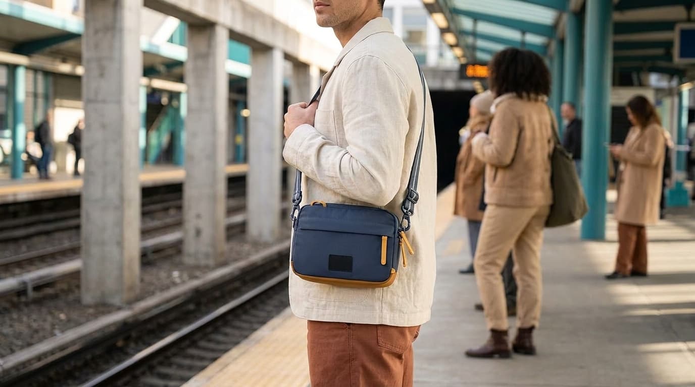 Pacsafe GO Anti-Theft Crossbody ready for a crowded city transit day