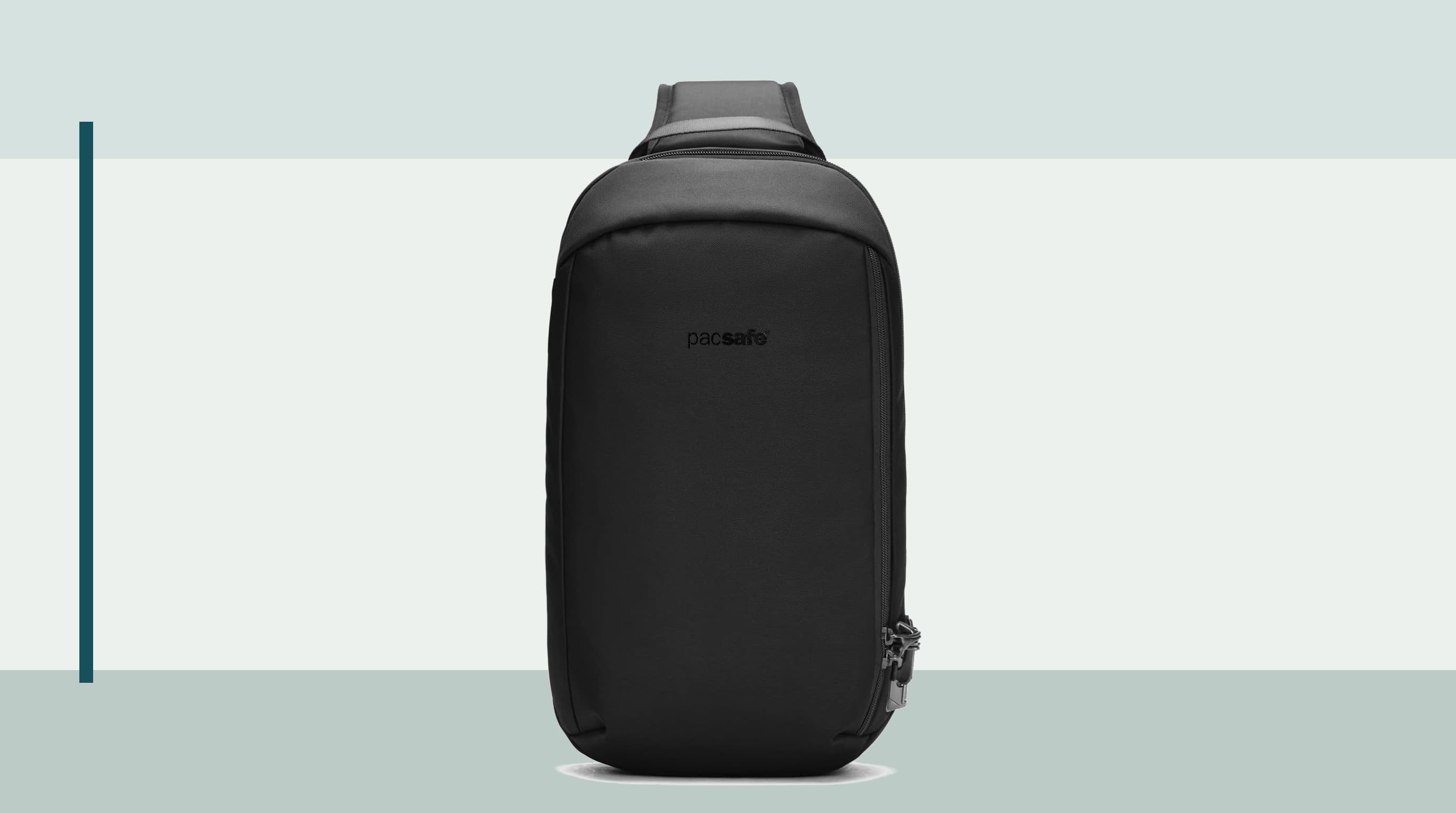 Pacsafe V Tech Anti-Theft Sling Pack, previously called Vibe 325, shown for a city day trip