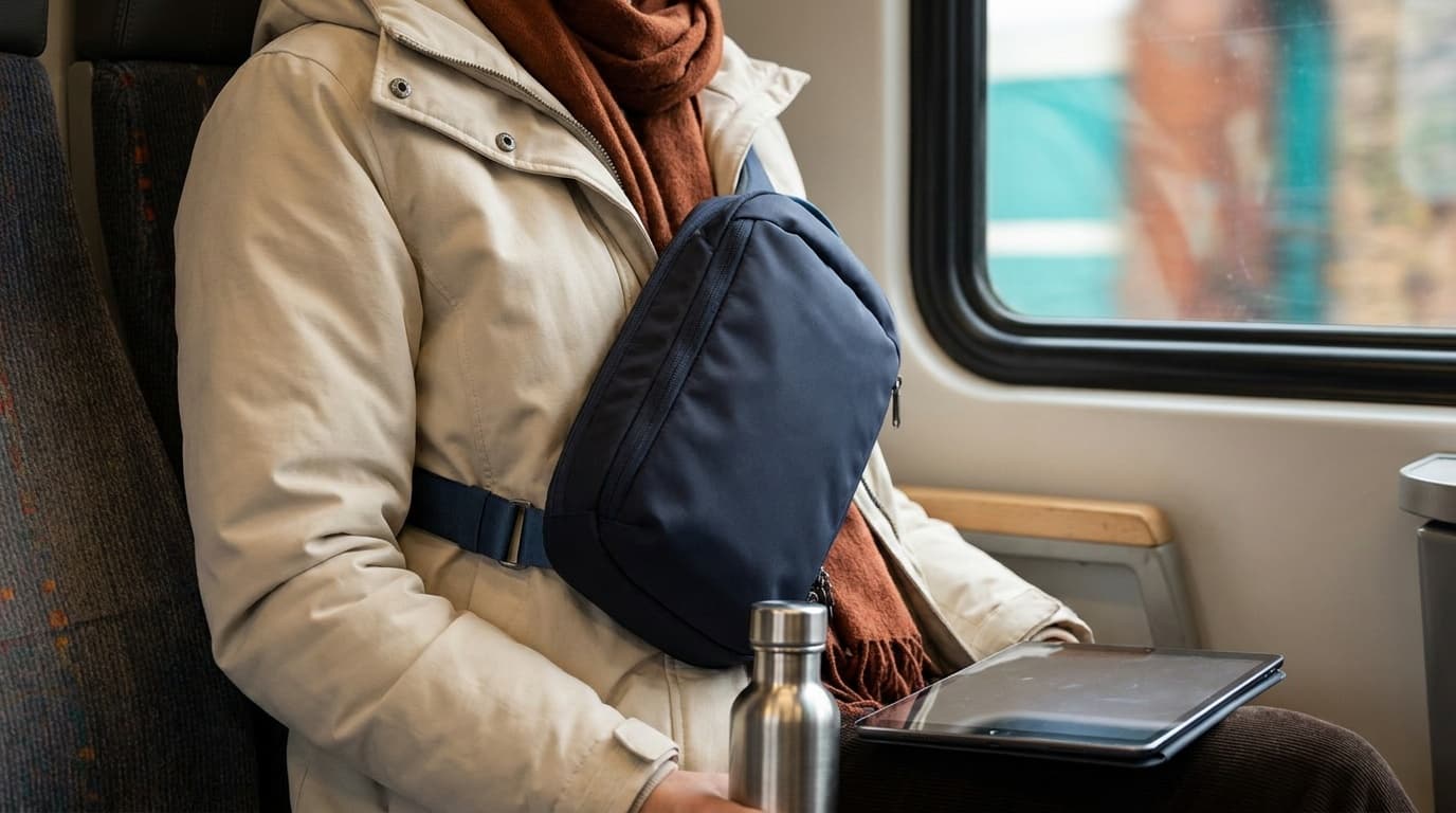 Pacsafe V Tech Anti-Theft Sling Pack, previously called Vibe 325, shown for a city day trip