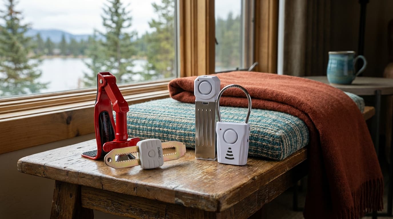 Portable hotel door brace and latch lock compared with wedge and handle alarms