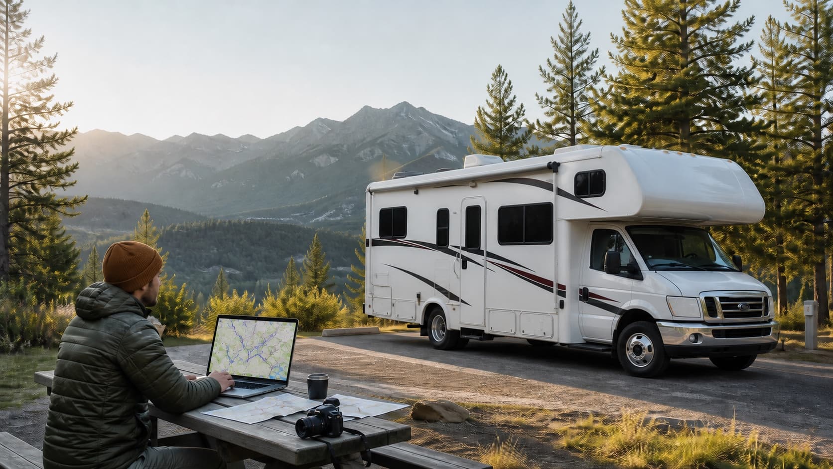 An RV traveler planning a campground route on a laptop at a mountain campsite