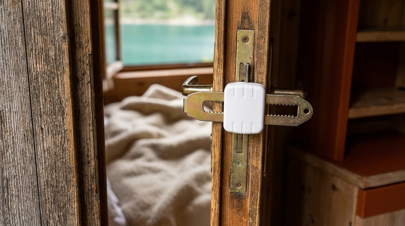 SABRE Compact Travel Door Lock shown beside a hotel room latch