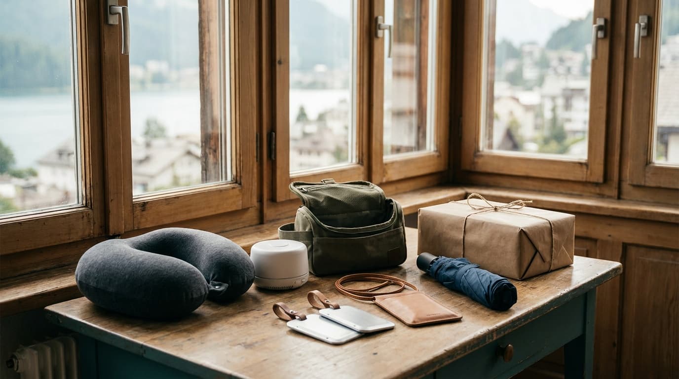 Travel gifts on a hotel desk by a bright window: a memory foam travel pillow, a small white noise machine, a hanging toiletry bag, aluminum luggage tags, a neck wallet, and a folded umbrella beside a wrapped gift box