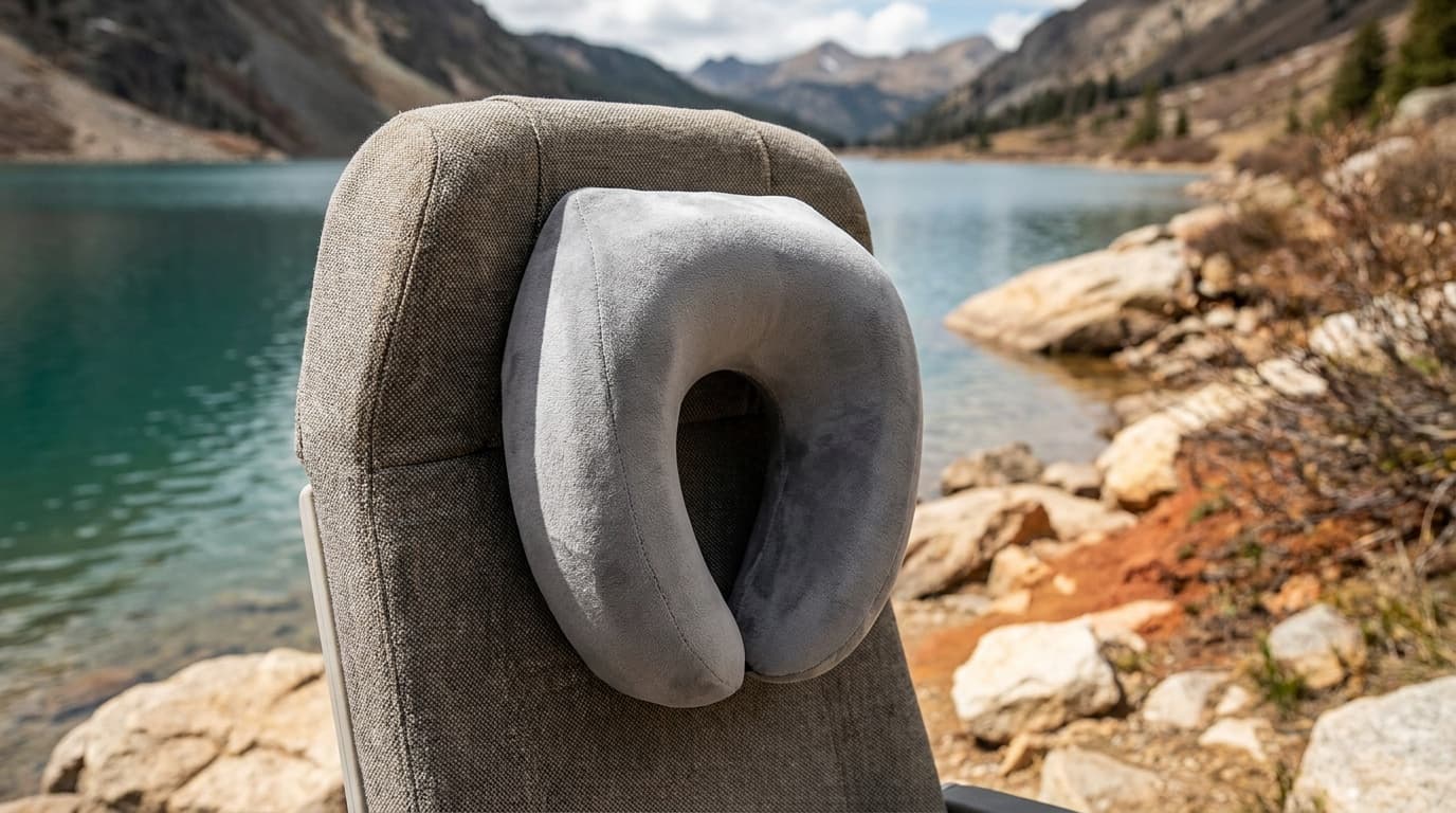 Travelrest Nest Ultimate memory foam pillow on an airplane seat