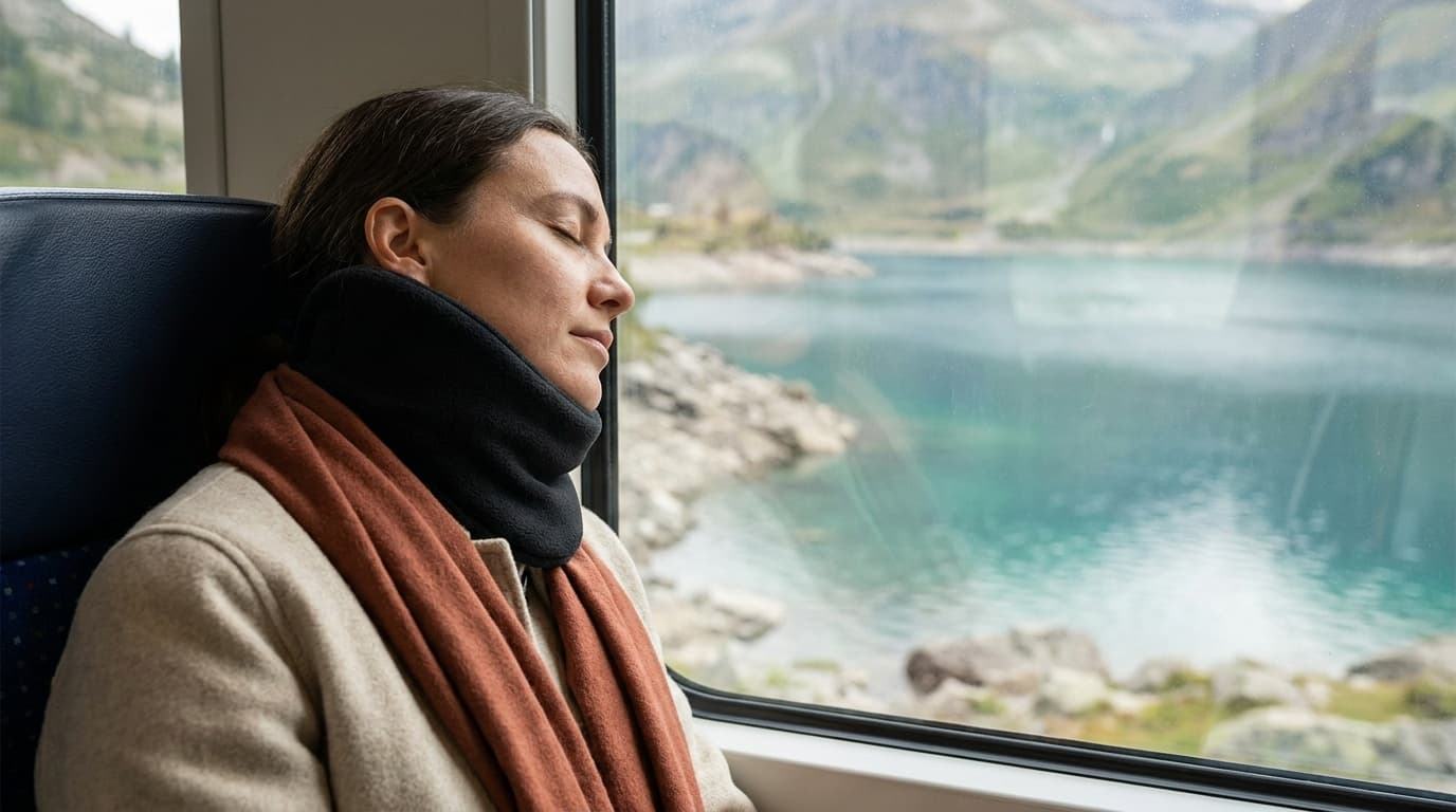 Trtl Travel Pillow Original wrapped around a traveler seated by an airplane window