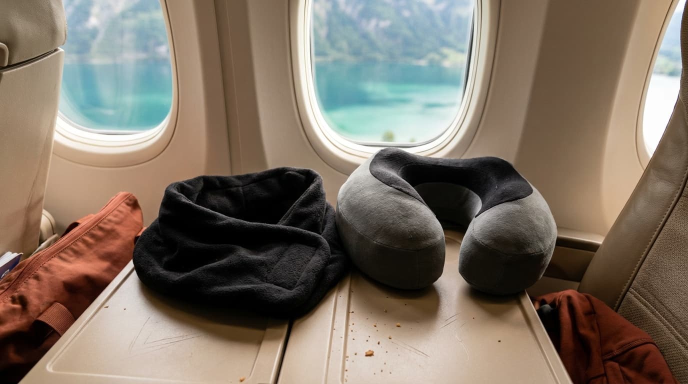 Trtl wrap support and Cabeau memory foam travel pillow compared on adjacent airplane seats