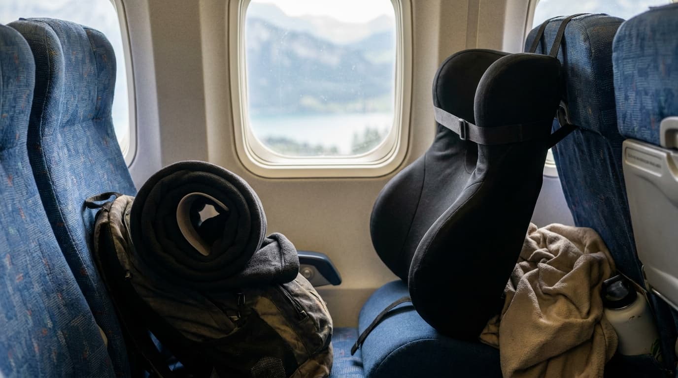 Trtl wrap support and Cabeau memory foam travel pillow compared on adjacent airplane seats