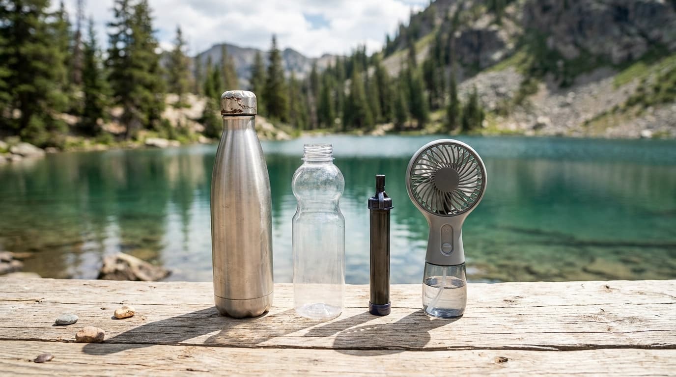 A row of viral water gadgets on a bright surface: an insulated bottle, a hydrogen water bottle, a filter straw, and a handheld misting fan