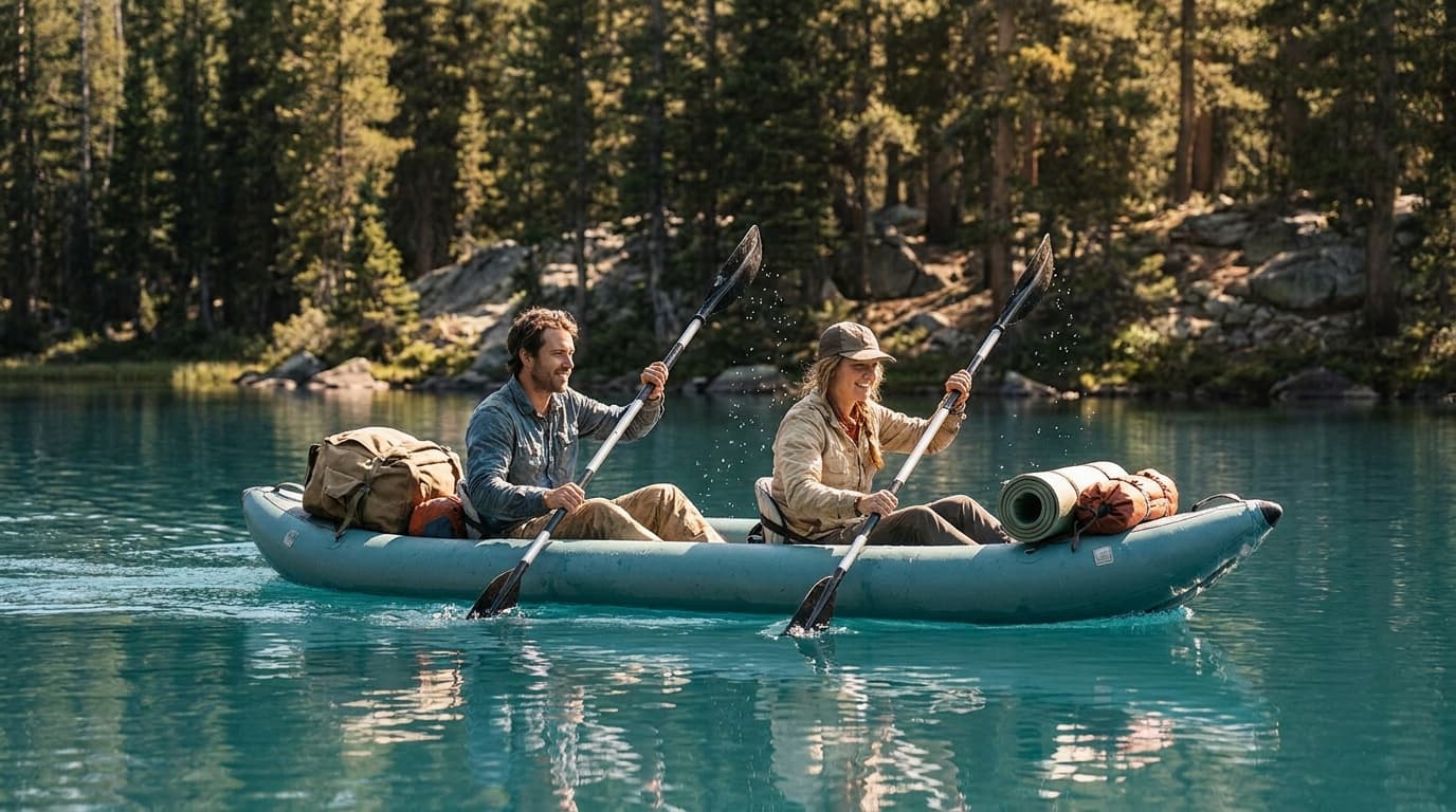 Two people paddling an inflatable kayak across a calm blue lake on a summer afternoon