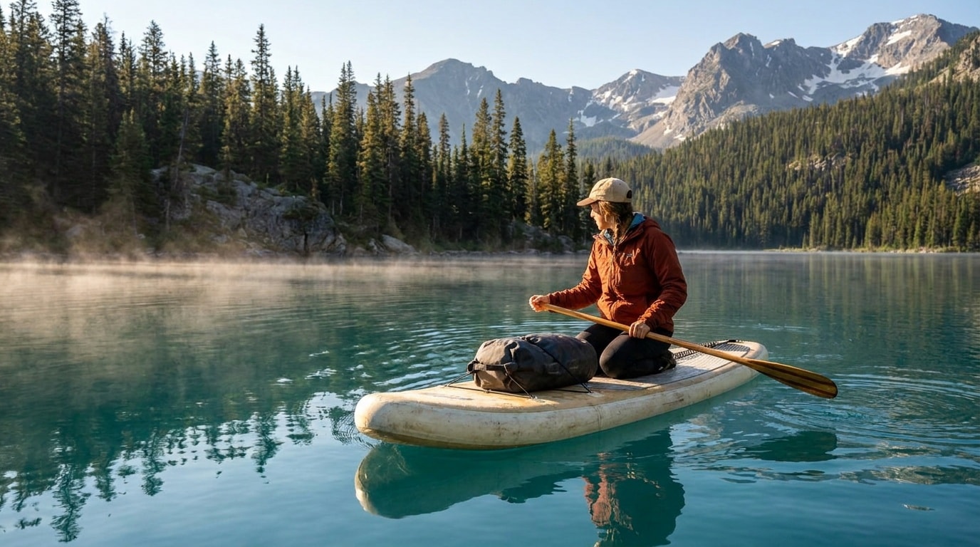 A paddleboarder gliding across a calm alpine lake in morning light