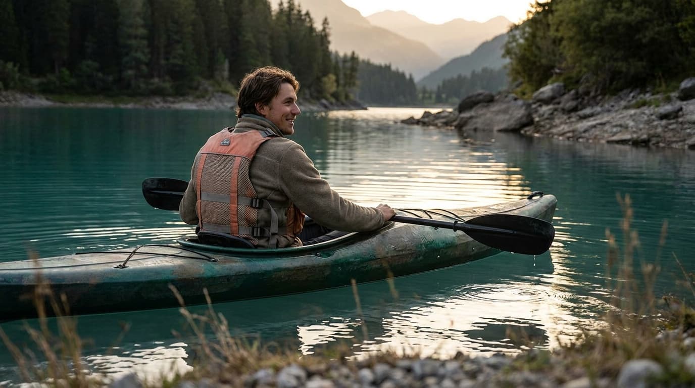 A kayaker wearing a ventilated life jacket paddling a calm lake in evening light