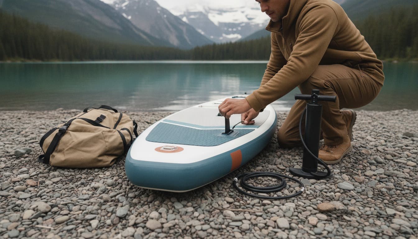 An inflatable paddleboard laid out on a pebble lakeshore with its pump, fin, and storage backpack