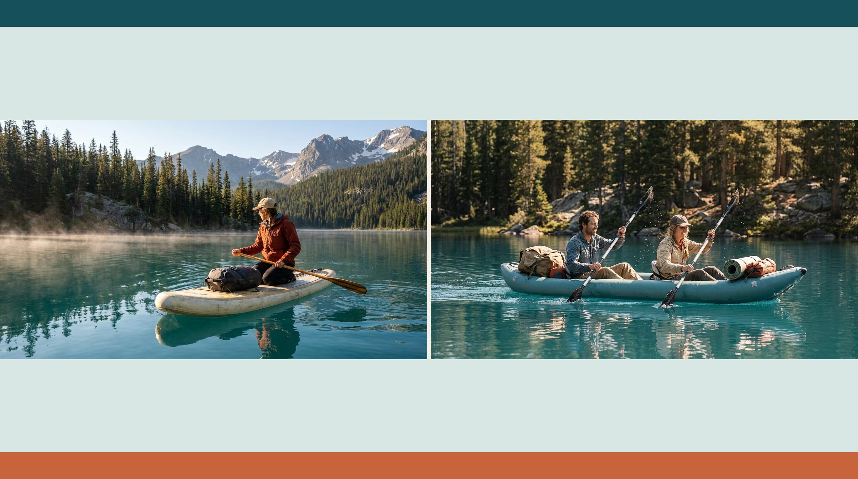 An inflatable paddleboard and two-person inflatable kayak pulled side by side onto a calm lake beach