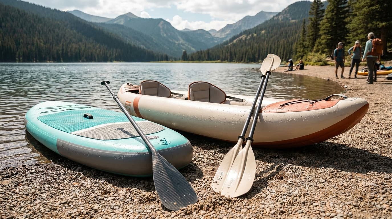 An inflatable paddleboard and two-person inflatable kayak pulled side by side onto a calm lake beach