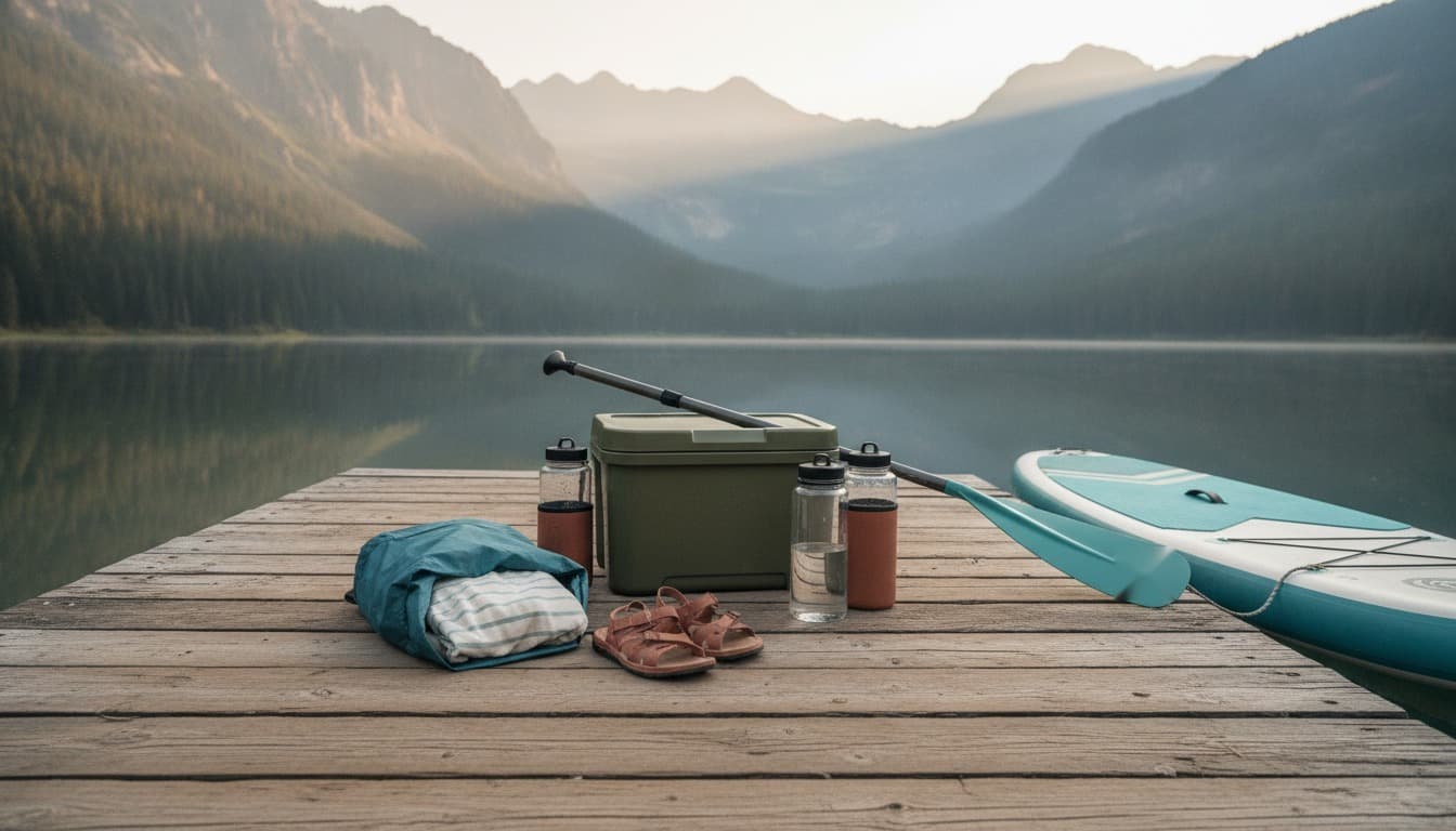 Paddleboard, life jacket, pump, dry bag, cooler, and sun gear staged on a lake dock