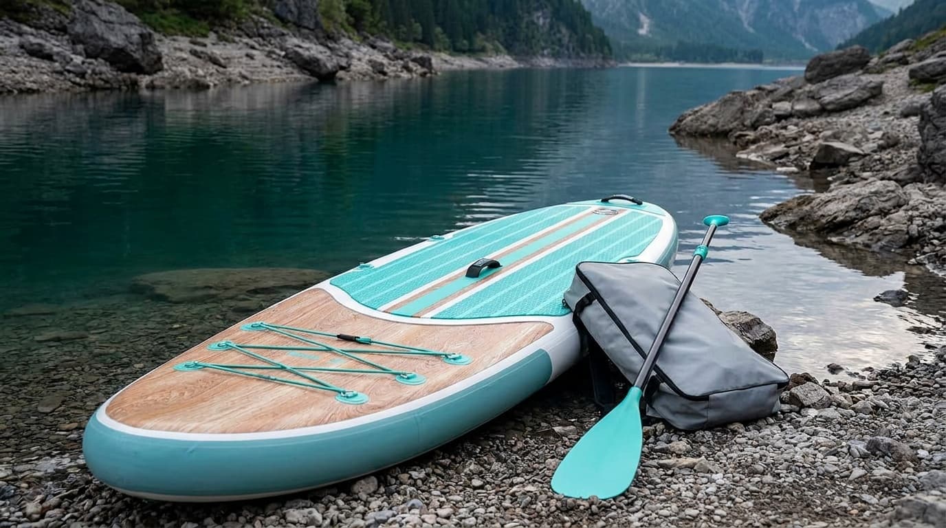Mint and wood-pattern Niphean 10 foot 6 inch inflatable paddleboard shown with its complete accessory kit