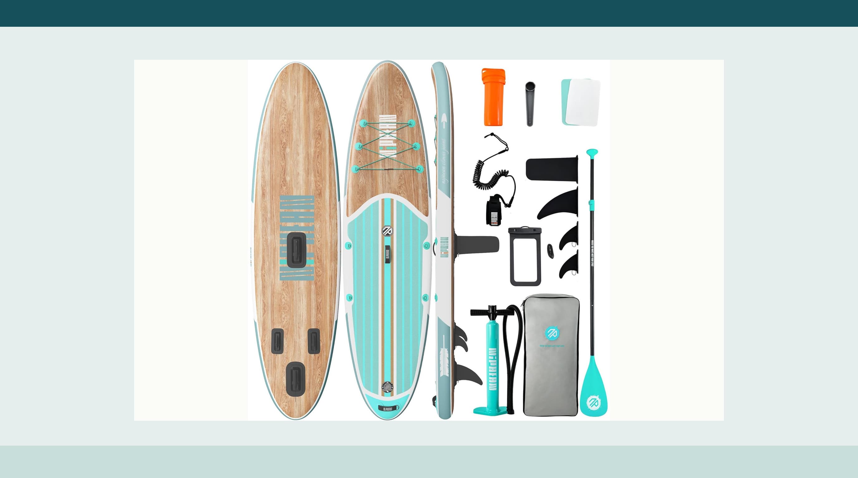 Mint and wood-pattern Niphean 10 foot 6 inch inflatable paddleboard shown with its complete accessory kit