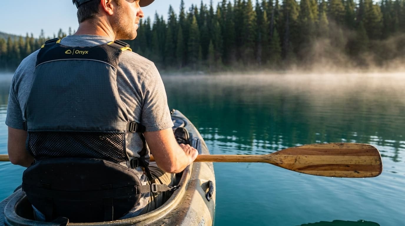A paddler in a mesh-backed PFD seated in a kayak on a calm lake at first light