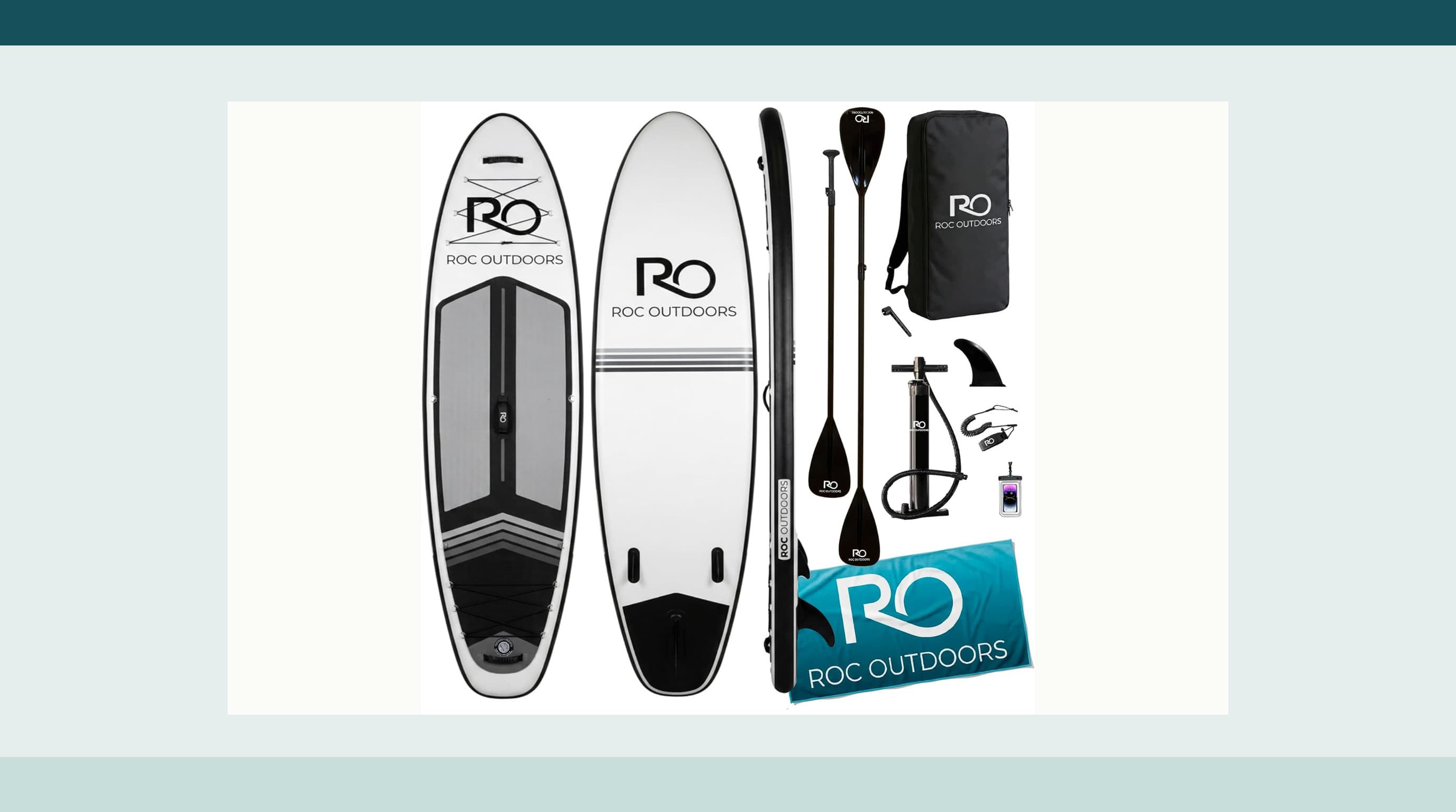 Roc 10 foot 6 inch inflatable paddleboard shown with its paddle, pump, leash, fin, and carry bag
