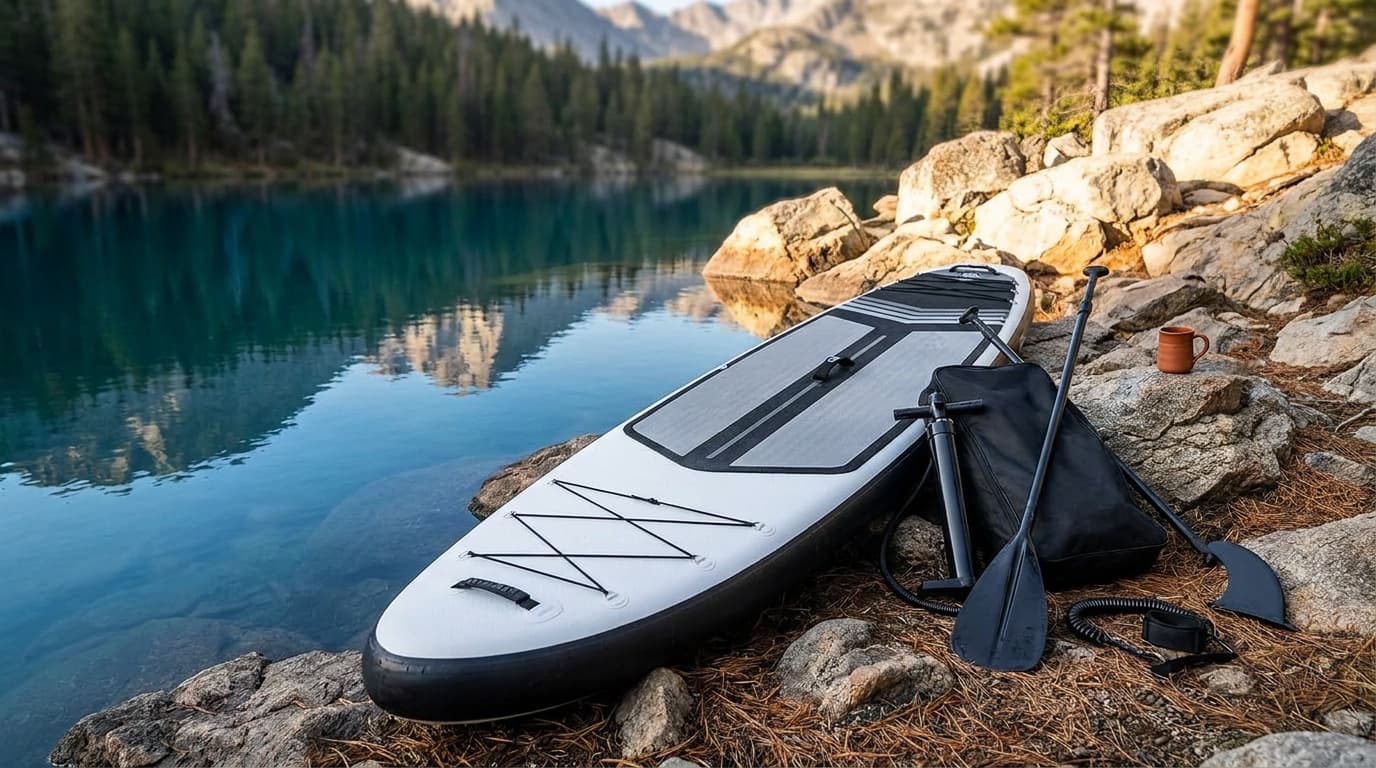 Roc 10 foot 6 inch inflatable paddleboard shown with its paddle, pump, leash, fin, and carry bag