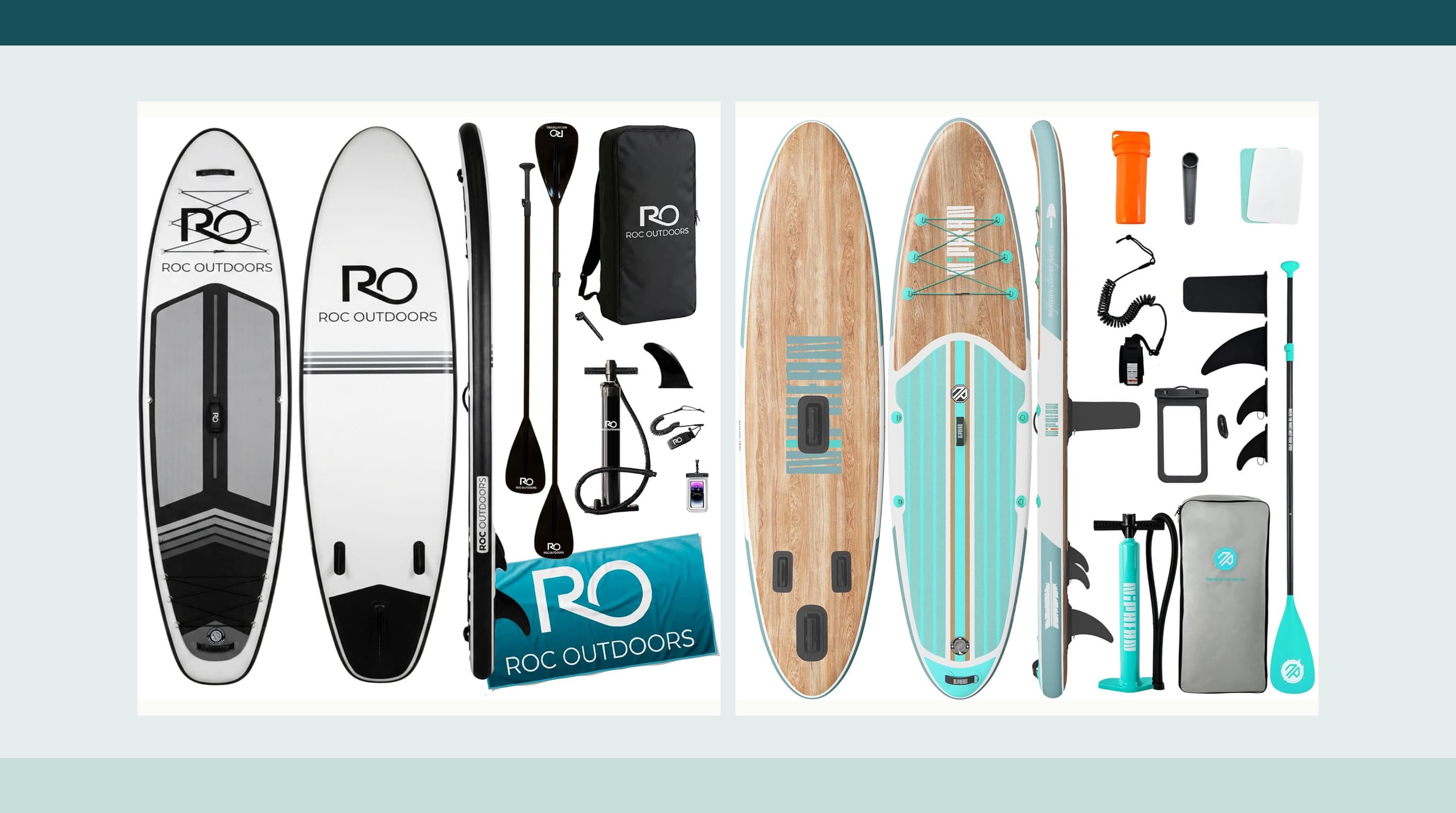 Roc and Niphean 10 foot 6 inch inflatable paddleboard packages shown side by side