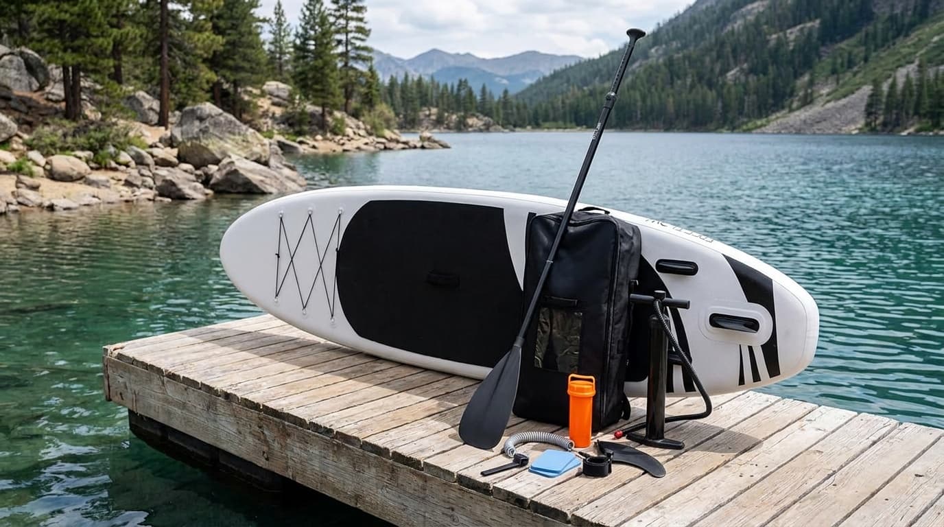 Black and gray SereneLife 10 foot 6 inch inflatable paddleboard with pump, paddle, leash, fins, and bag