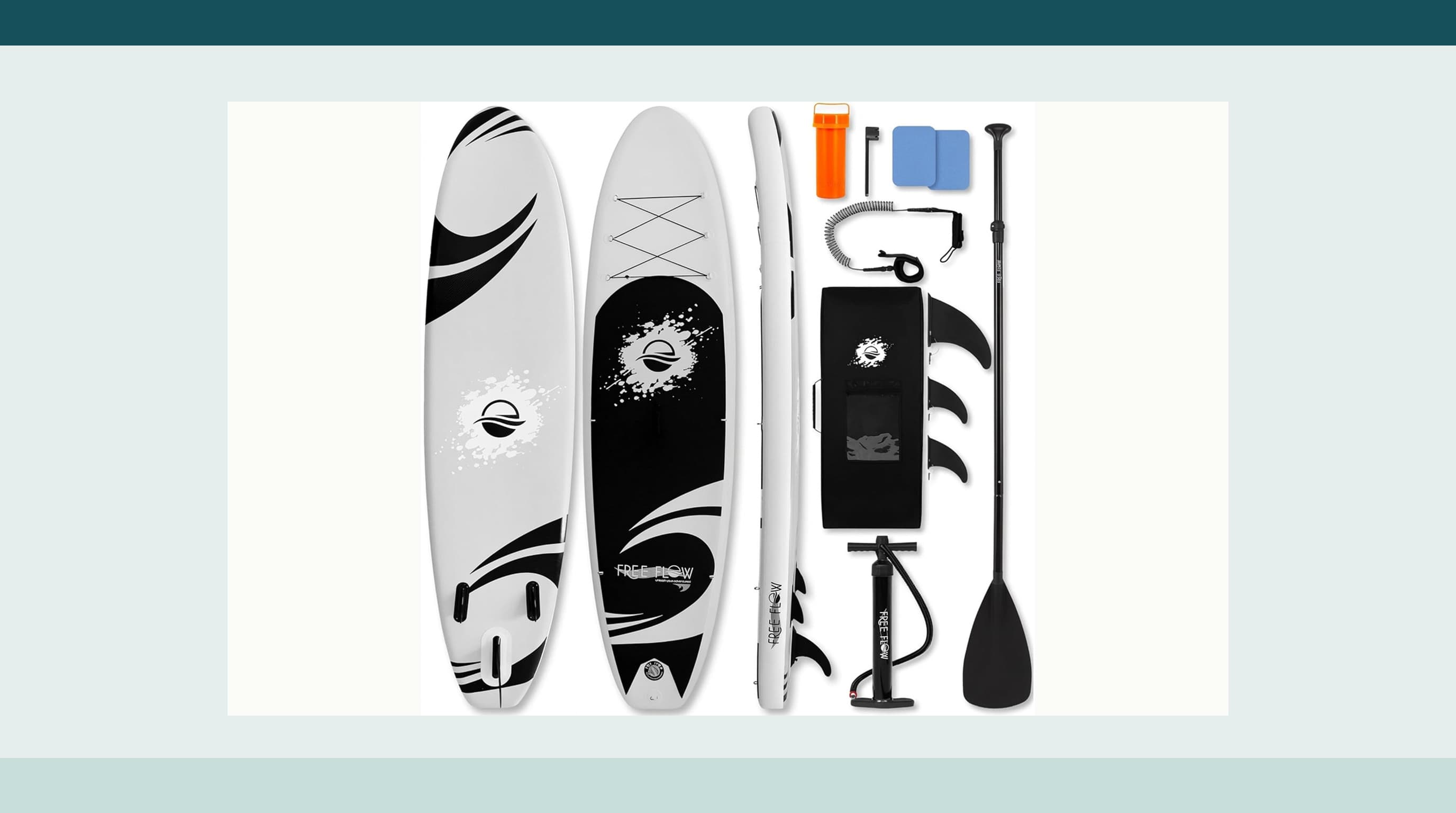 Black and gray SereneLife 10 foot 6 inch inflatable paddleboard with pump, paddle, leash, fins, and bag