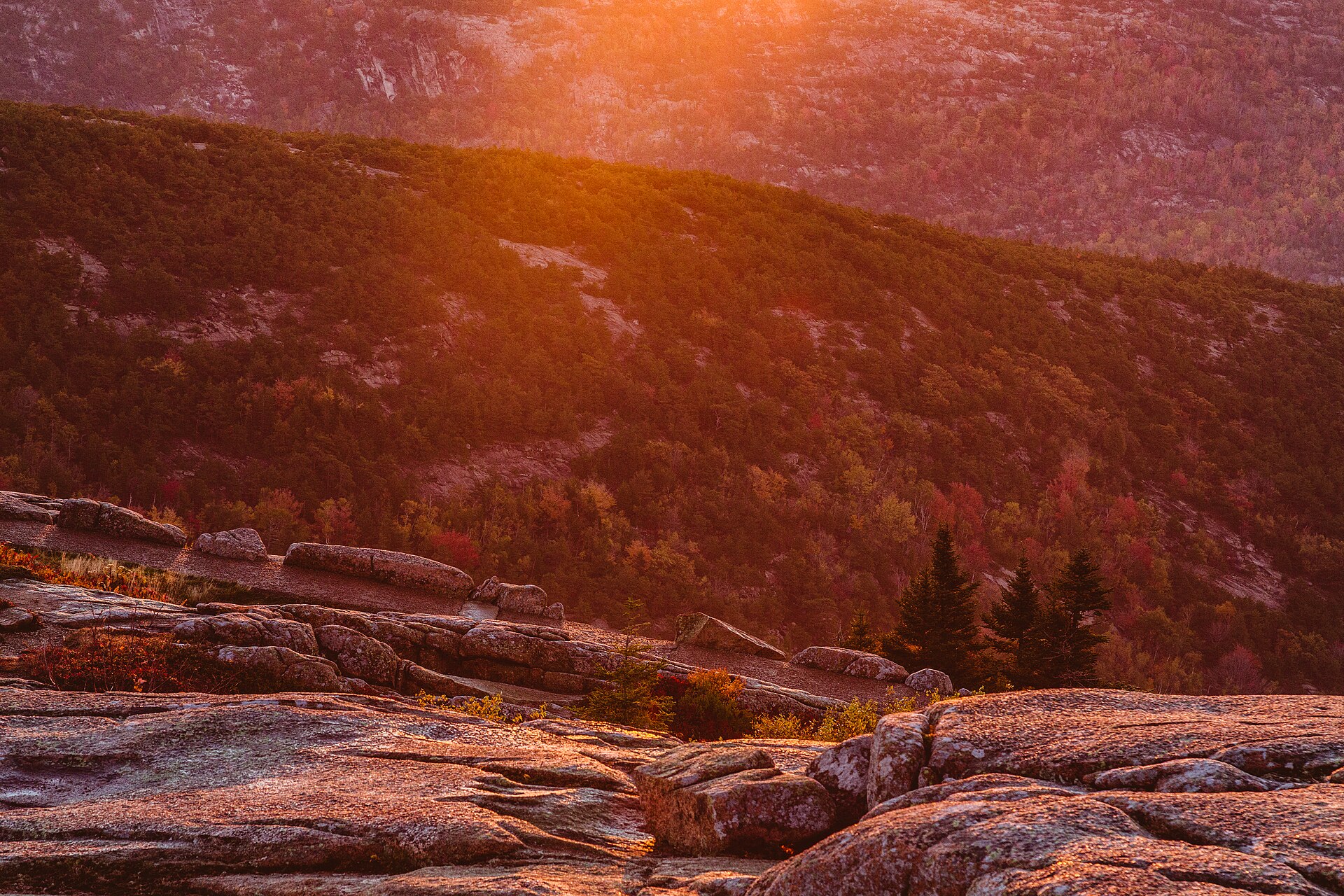 Sunrise over the islands and Atlantic from Cadillac Mountain in Acadia