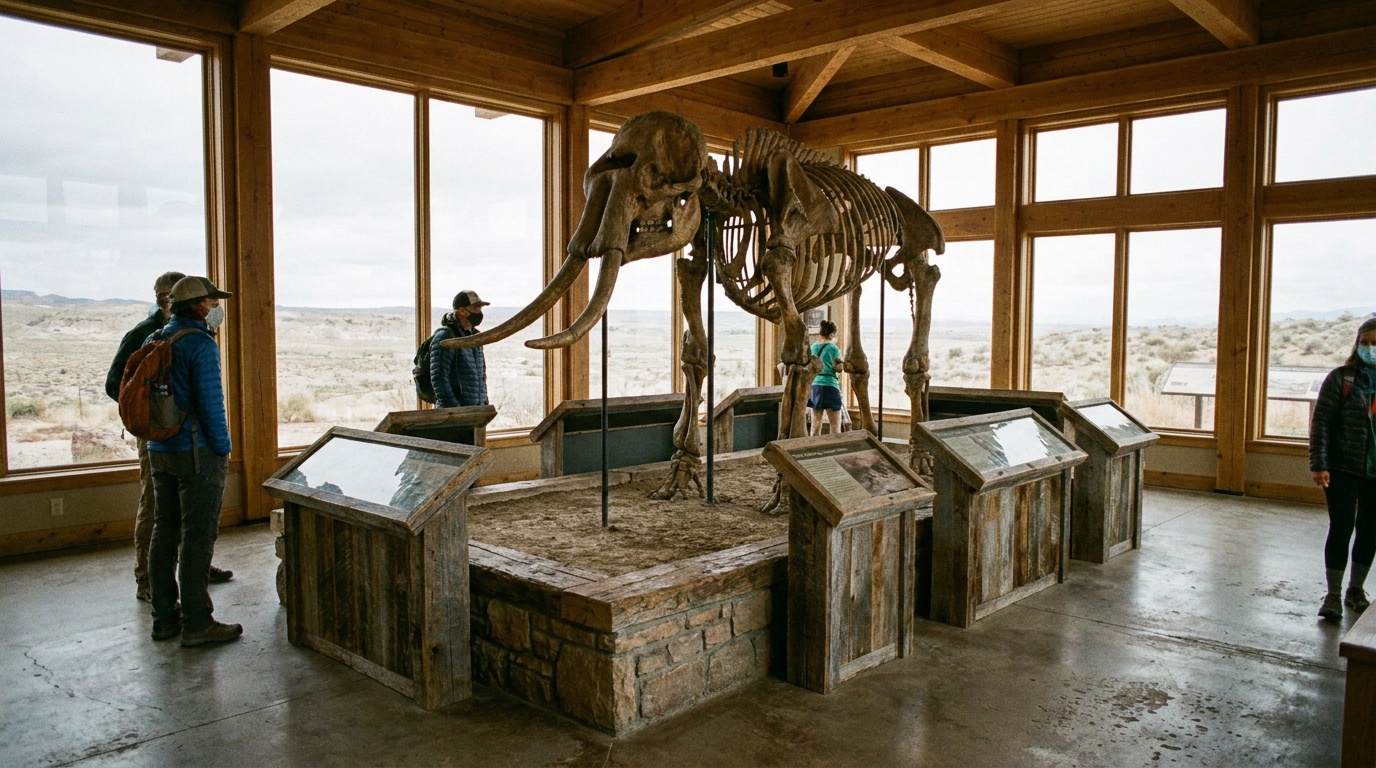 A mounted Miocene mammal skeleton fossil exhibit inside the monument visitor center