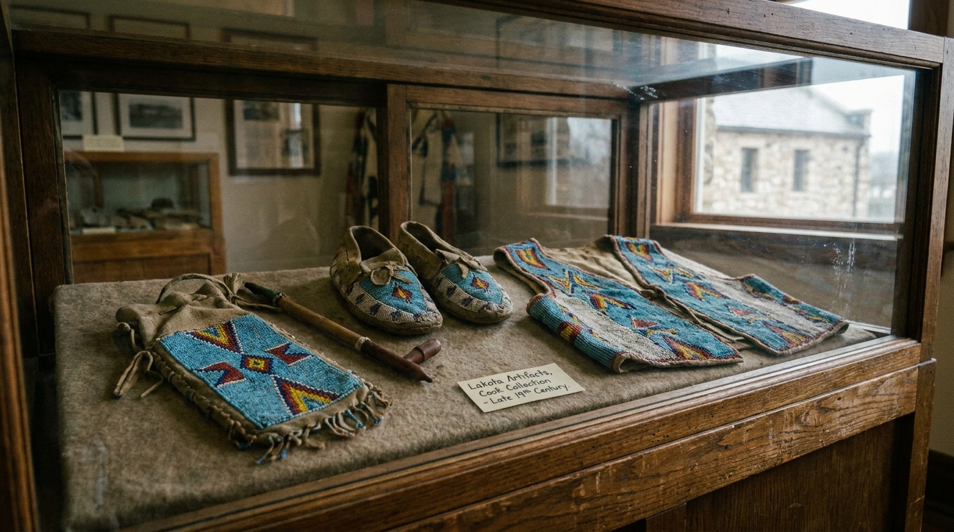 Beaded Lakota artifacts from the Cook Collection displayed in a museum case