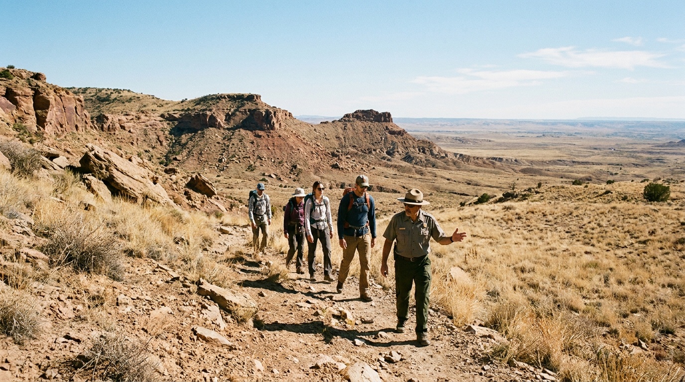 A park ranger leading a small group up the strenuous rocky 2-mile quarry trail at Alibates, dry grassland and mesa terrain, bright high-plains light