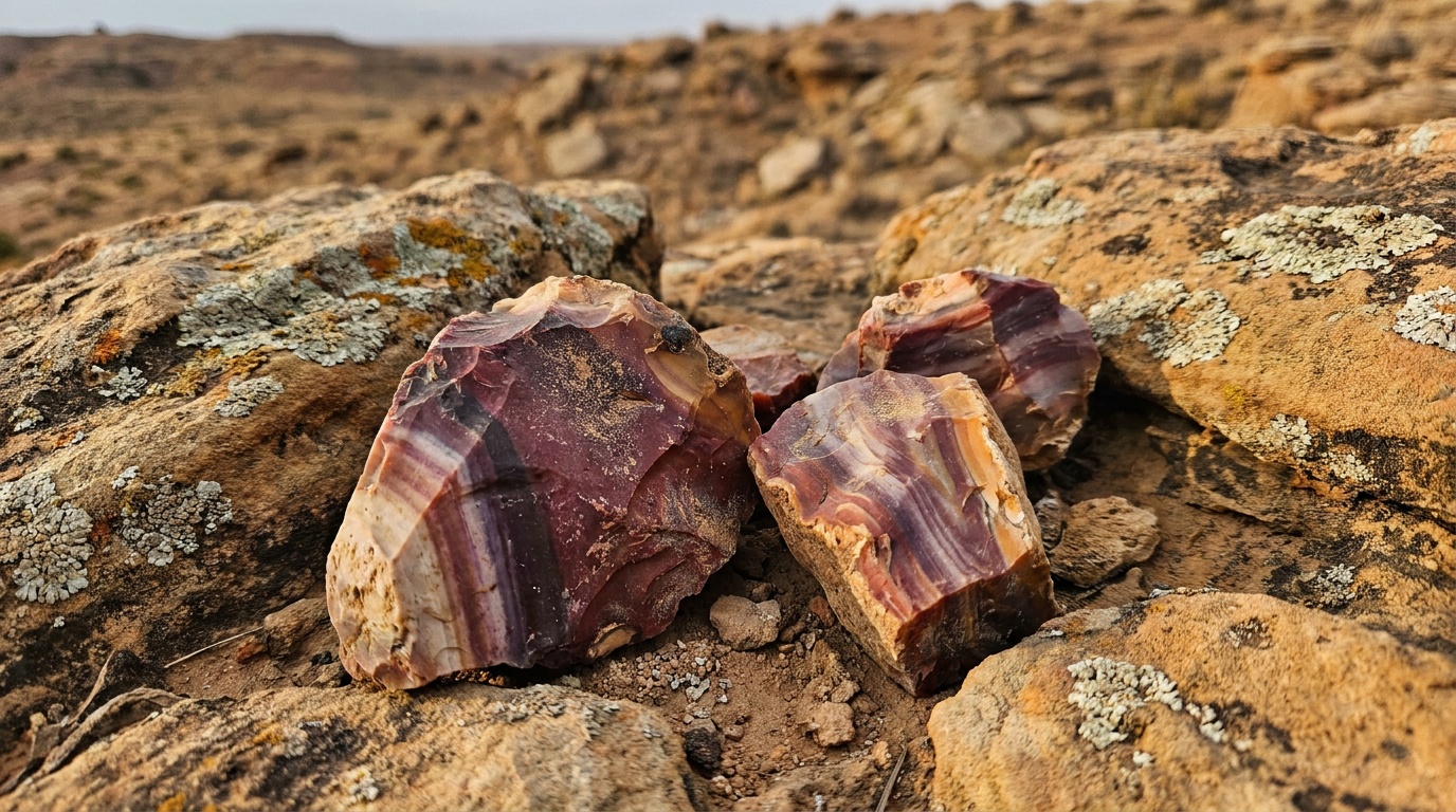 A close detailed view of colorful banded Alibates flint, rainbow agatized dolomite in red, purple, and cream, resting on weathered Panhandle rock in warm light